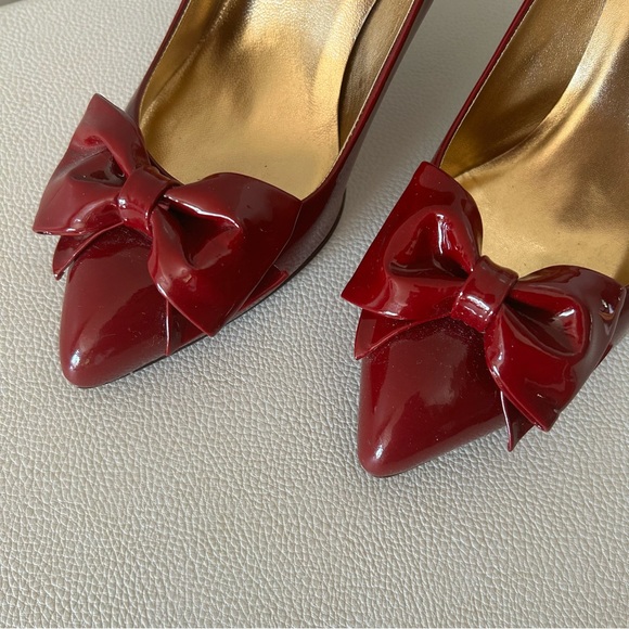 SOLD - Oxblood Red Coach Patent Leather Bow Heels - Picture 9 of 15